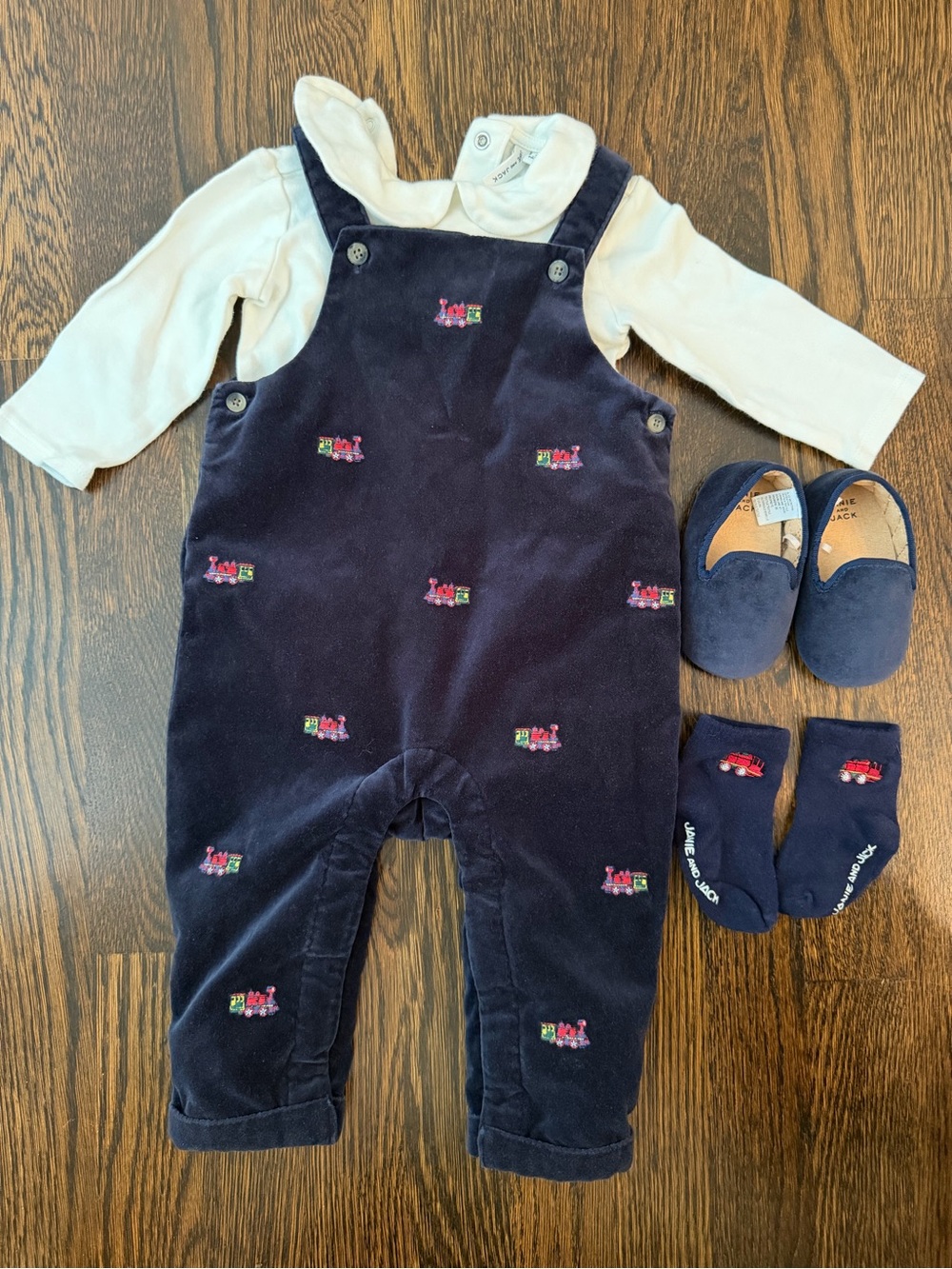 Janie and Jack Navy Velvet Overalls with Embroidered Trains Full outfit